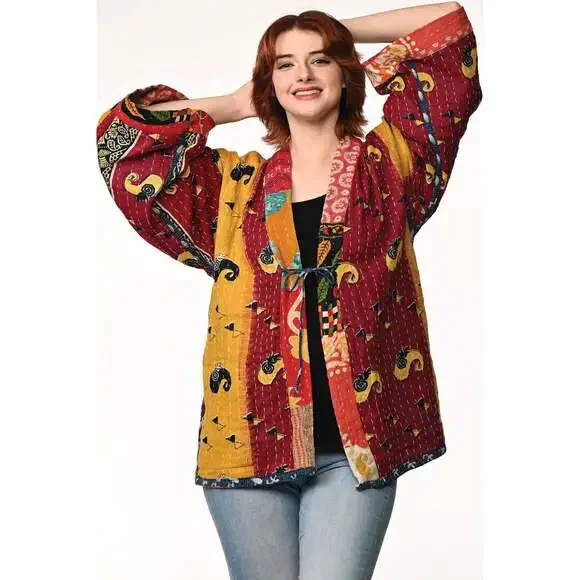 Sevya Handmade - Reversible Cotton Kantha Kimono Jacket - OS - Picture 11 of 12